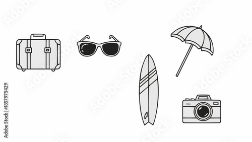 Summer vacation icons for travel and leisure activities