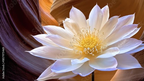 A white flower with light purple edges blooms against a blurred background of layered rock formations
