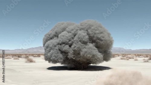 A lone, dense tree stands amidst a desert landscape under a clear, pale blue sky with rolling hills