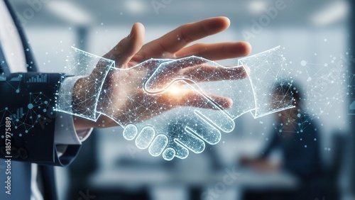 Business partnership concept with Closeup Businessman Hand holding digital handshake node, representing BB connection, networking, and strategic alliance
