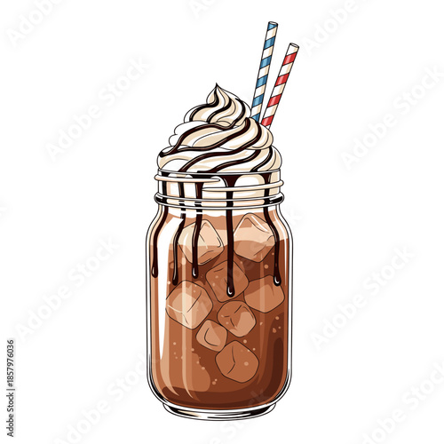Delicious iced chocolate drink in a mason jar with whipped cream and striped straws illustration