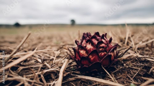 A close-up of a maroon-colored flower, surrounded by dry plants, with a blurred field background