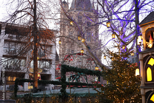 Festively decorated streets of Roermond, Netherlands, during the Christmas and New Year holiday season.