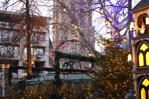 Festively decorated streets of Roermond, Netherlands, during the Christmas and New Year holiday season.