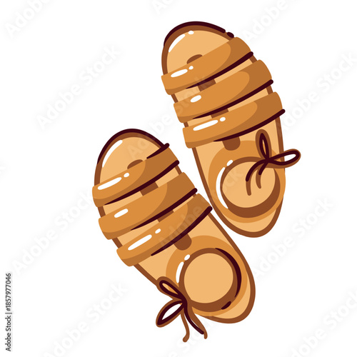 Greek traditional leather sandals with wrapped straps and rounded toe shape, simple cartoon forms, travel Greece theme, handmade footwear symbol, Mediterranean culture, vector illustration.
