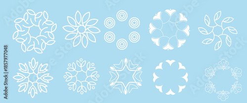 Collection of Christmas themed snowflake vector designs. Includes various white snowflake icons, perfect for winter and holiday templates.