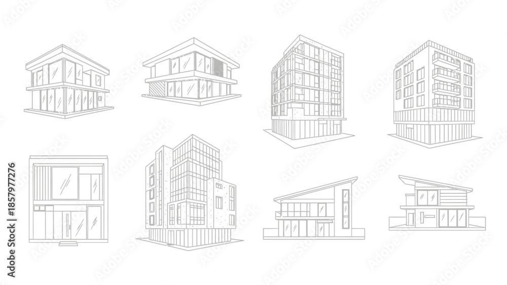 Fototapeta premium Architectural sketches of modern buildings and houses, line art collection.