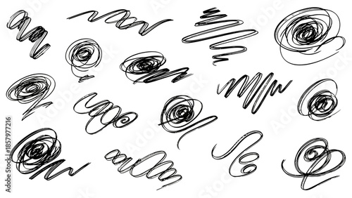 Abstract hand drawn scribble lines and spirals set.