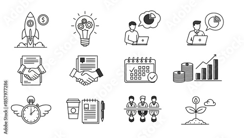 Business and finance doodle icons set for startup and growth.