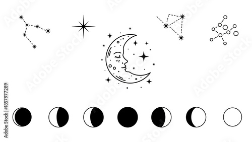 Celestial Moon Phases and Constellations Line Art Set.