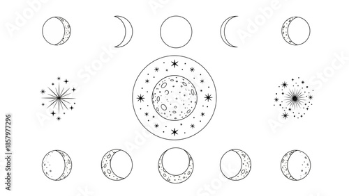 Celestial Moon Phases and Starbursts Line Art Collection.