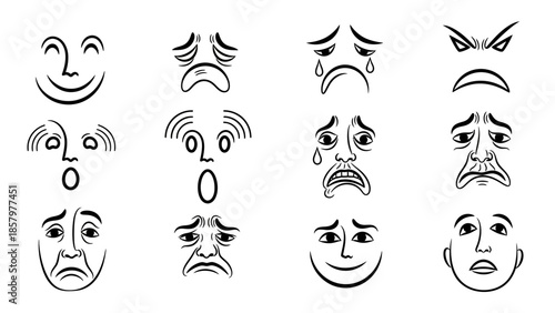 Collection of Hand Drawn Facial Expressions Depicting Various Emotions.
