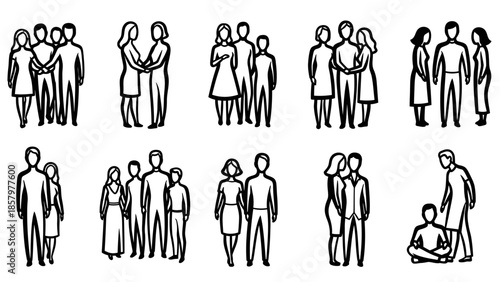 Diverse groups of people standing together in various social settings.