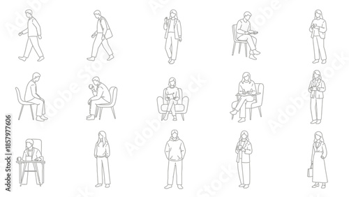 Diverse set of people in various poses and activities.
