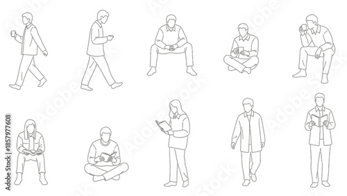 Diverse Group of People Reading and Using Mobile Devices Line Art Illustration.