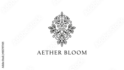 Elegant Aether Bloom logo with intricate floral design and delicate leaves.