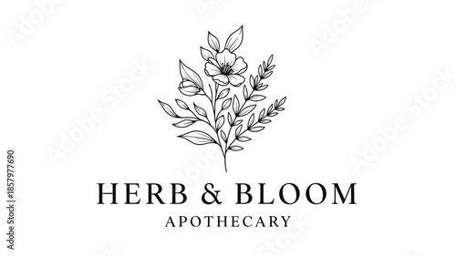 Elegant Botanical Line Art Logo for Herb and Bloom Apothecary.
