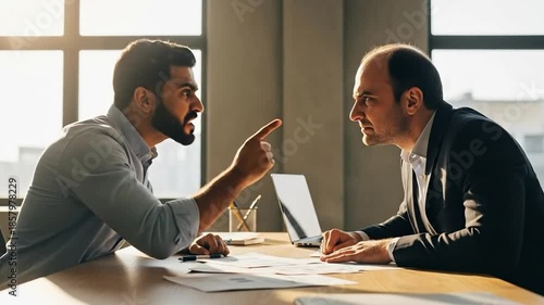 Two diverse businessmen in an office having a heated argument, one man gesturing to stop while the other points aggressively during a stressful meeting