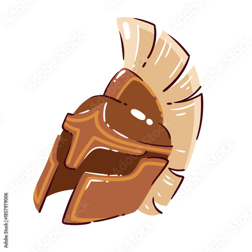 Ancient Greek warrior helmet with high crest and protective face guard, Corinthian style armor symbol of Greece and heroic mythology, travel to Greece cartoon doodle style, vector illustration.