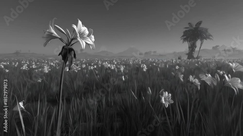 A grayscale field of lilies with a singular, larger bloom in focus against a distant landscape