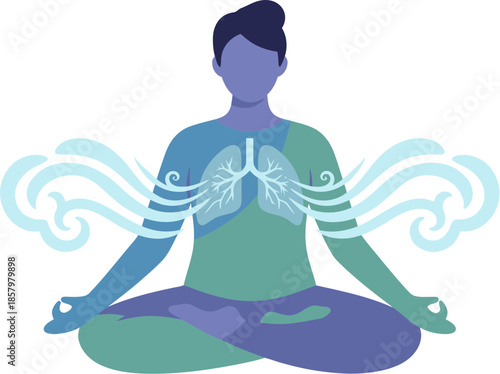 Conceptual illustration of a woman in lotus yoga pose practicing mindful breathing.
