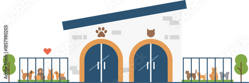 Vector illustration of an animal shelter building with dogs and cats waiting for adoption.
