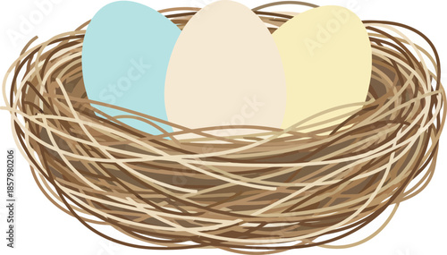 Three colorful pastel eggs resting gently in a woven bird nest.