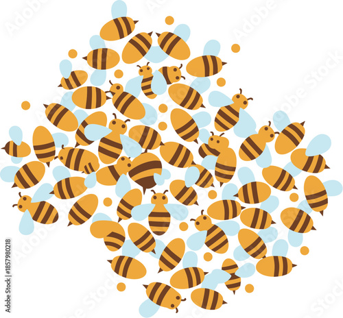 A large swarm of cute cartoon honeybees flying together in a cluster.