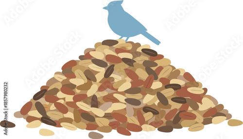 Blue bird silhouette perched on a large pile of mixed birdseed.