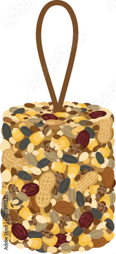 Hanging bird seed cake with mixed nuts and fruits isolated on a white background.