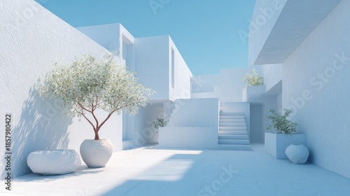 Minimalist Architecture with Blue Sky and White Structures, and Potted Plants
