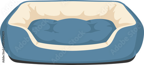 Comfortable blue and cream pet bed for a dog or cat isolated on a white background.