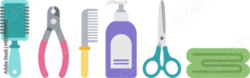 A collection of colorful pet grooming tools including a brush clippers comb shampoo scissors and towel.