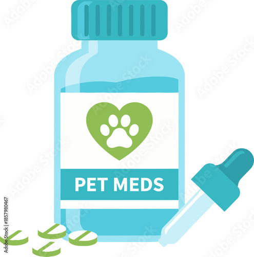 Veterinary pet medication bottle with pills and dropper illustration.