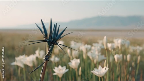 A striking plant, wrapped in wire, in a field of white flowers with soft mountains