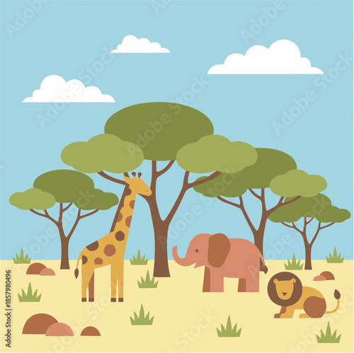 Cartoon illustration of a giraffe elephant and lion together.