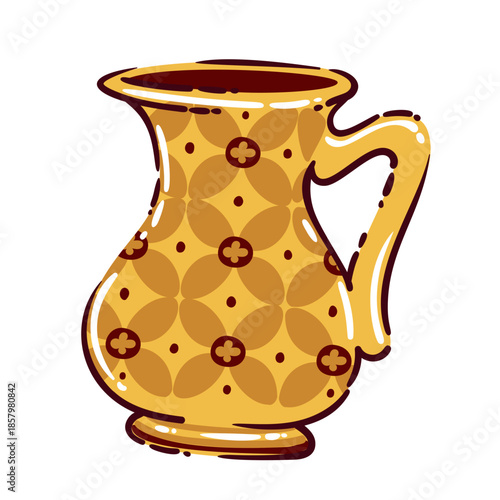 Moroccan ceramic jug with decorative floral ornament and curved handle. Traditional pottery vessel inspired by North African craft, flat cartoon doodle style, isolated object. Vector illustration.