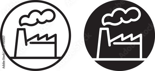 Factory Industry Icon Set Manufacturing Plant with Smoke Symbol Black and White Minimal Vector