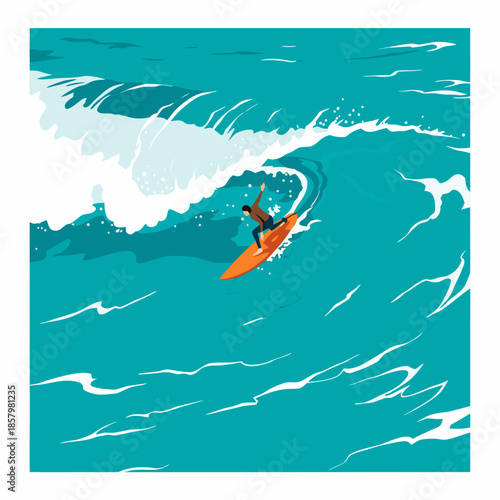 Illustrated scene of a lone surfer carving across a towering wave, set on a minimal ocean background, conveying thrill, scale, and the power of nature.