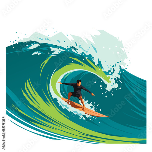 Artistic illustration of a surfer riding inside a massive wave barrel, surrounded by swirling water shapes and a clean background that highlights movement and speed.