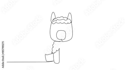 Animation of continuous line drawing of a small, cute, and fluffy alpaca sitting down, symbolizing a gentle domesticated animal an international event Alpaca Appreciation Day. Full length motion