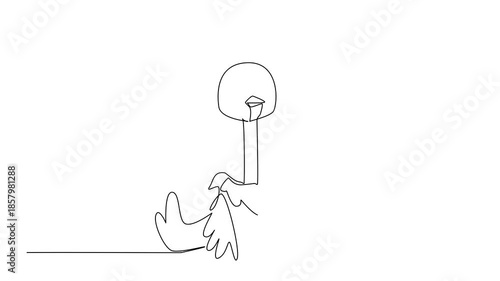 Animated self drawing of single line drawing of small, cute ostrich sitting upright with its wings and long neck visible, A large flightless bird. Bird Conservation Day. Full length one line animation
