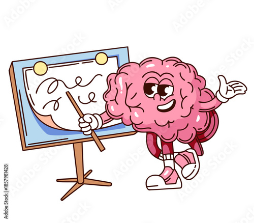 Smiling brain character pointing at board with stick and explaining. Cute groovy cartoon doodle style. Outline vector illustration for sticker, education, school, or learning design.