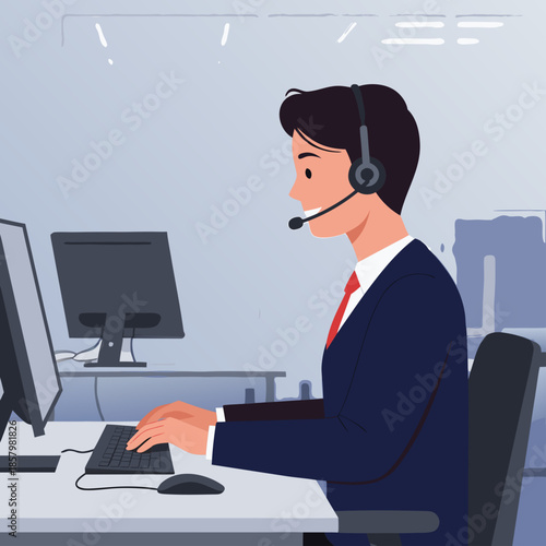 A customer service representative wearing a headset and working at a computer, illustrated in flat style, representing communication and client assistance.