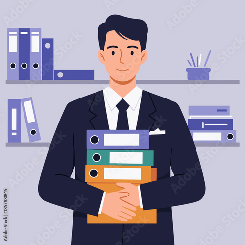 A professional employee holding a stack of folders inside an office, illustrated in flat style, representing responsibility, organization, and administrative duties.