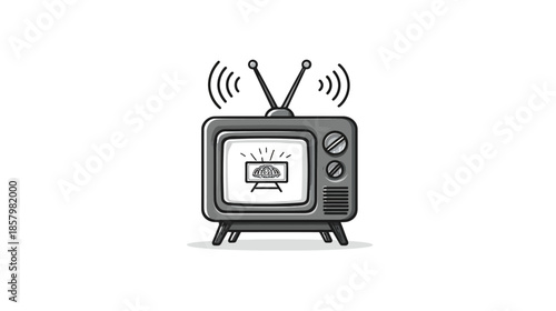 Retro Television Icon Broadcasting Signal. Vintage TV Receiver with Antenna, Old Technology Media Entertainment Illustration.