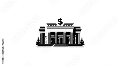 Retro pixel art icon of a classic financial bank building with a prominent dollar sign. Concept of money, business, and investment.