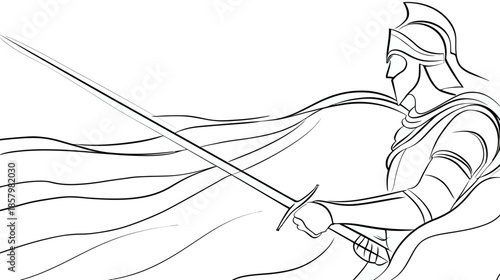 Detailed Line Art Drawing of a Brave Warrior in Full Armor with a Sword and Flowing Cape, Dynamic Action Pose