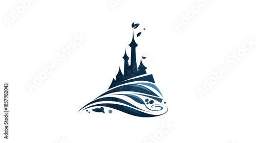 Enchanting fairytale castle silhouette illustration with swirling watercolor elements in deep blue, magical fantasy art