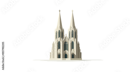 Stylized Gothic Cathedral or Church with Twin Spires Illustration on White Background. Religious Building Architecture Icon.
